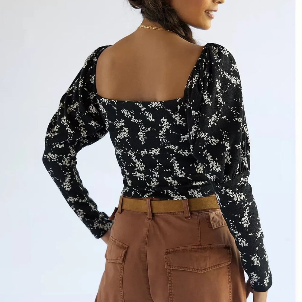 Anthropologie Sweetheart‎ Puff Sleeve Textured Black Print Cropped Blouse Size M - Picture 3 of 9